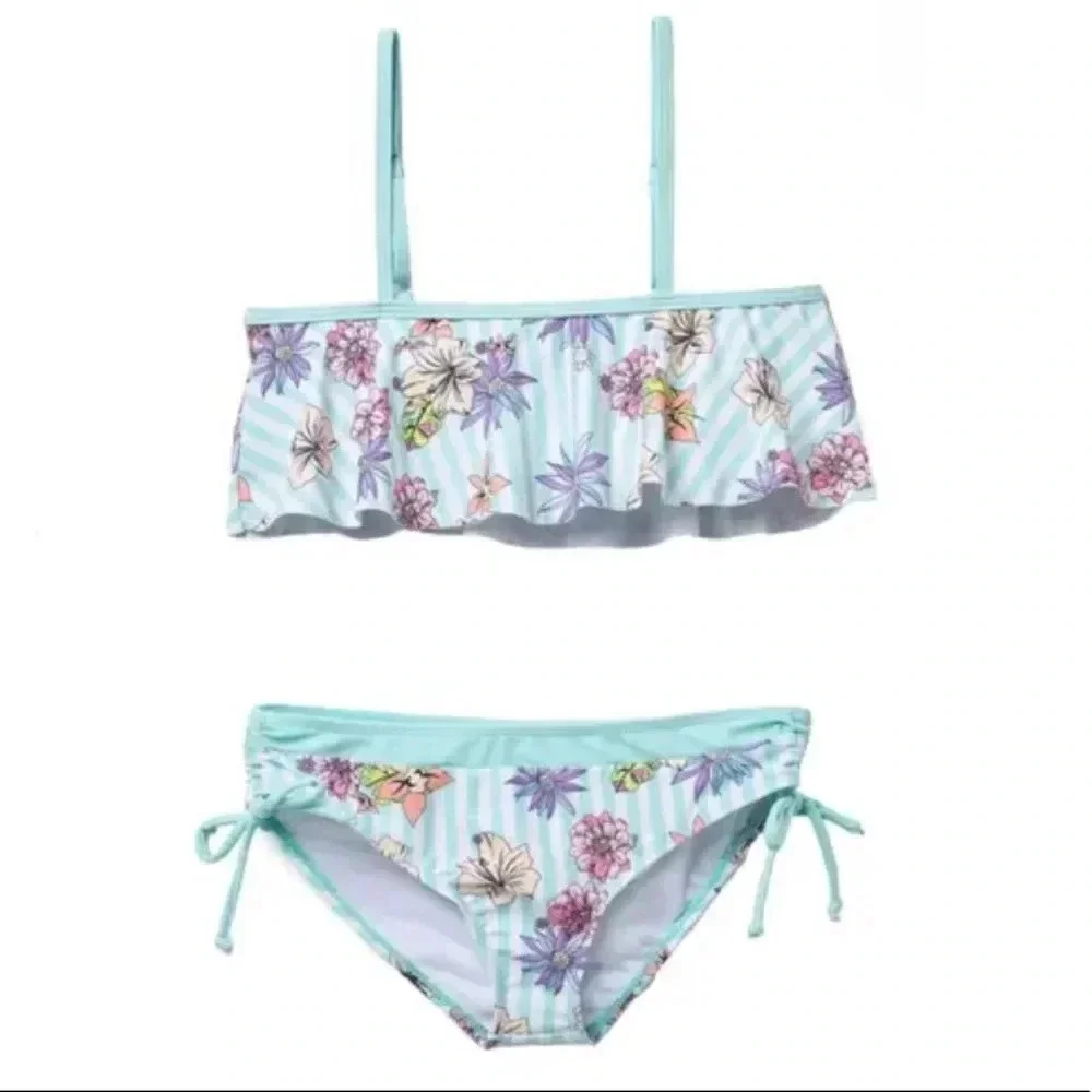 Limeapple Girls Ruffle Square Neck Bikini Swim Set Floral Stripe 16 EUC
